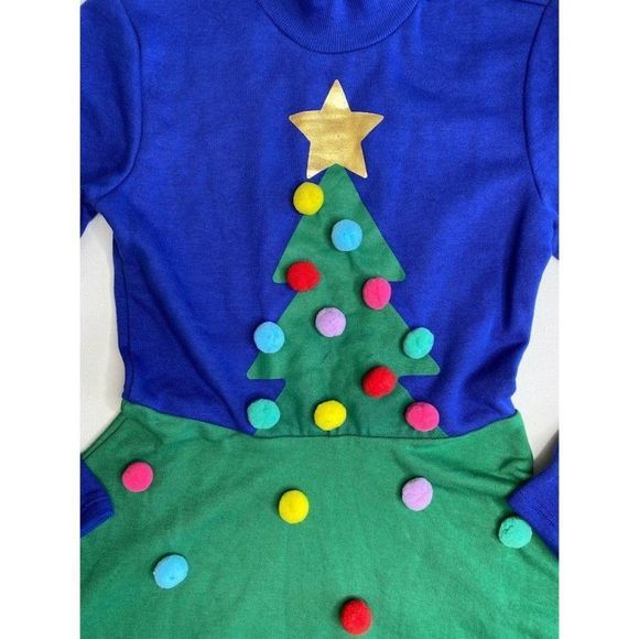 Mighty Fine Dress Women's MEDIUM Blue Green Cute Tree Holiday‎ Seasonal Pom-Pom - Picture 7 of 16